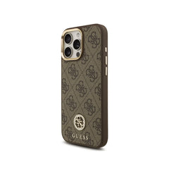 GUESS Funda Logo 4G Strass para iPhone 16 Pro Max con Correa Ancha, Compatible con MagSafe y Protección Anticaídas, Marrón