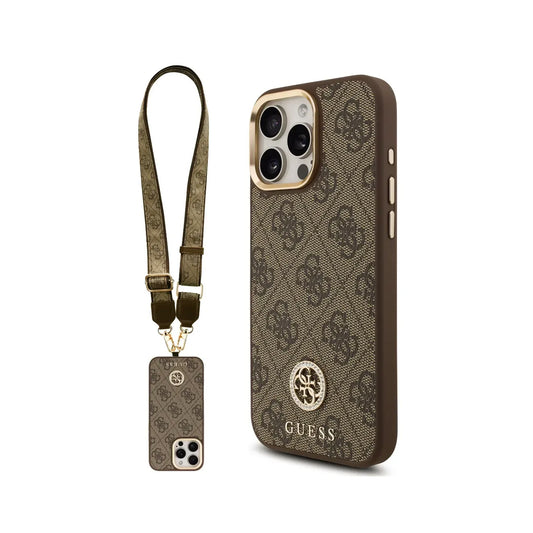 GUESS Funda para iPhone 16 Pro – Carcasa con MagSafe Marrón con Logo 4G de Strass y Correa Ancha, Diseño Elegante y Ajuste Preciso