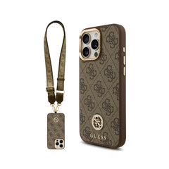 GUESS Funda Logo 4G Strass para iPhone 16 Pro Max con Correa Ancha, Compatible con MagSafe y Protección Anticaídas, Marrón
