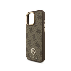 GUESS Funda Logo 4G Strass para iPhone 16 Pro Max con Correa Ancha, Compatible con MagSafe y Protección Anticaídas, Marrón