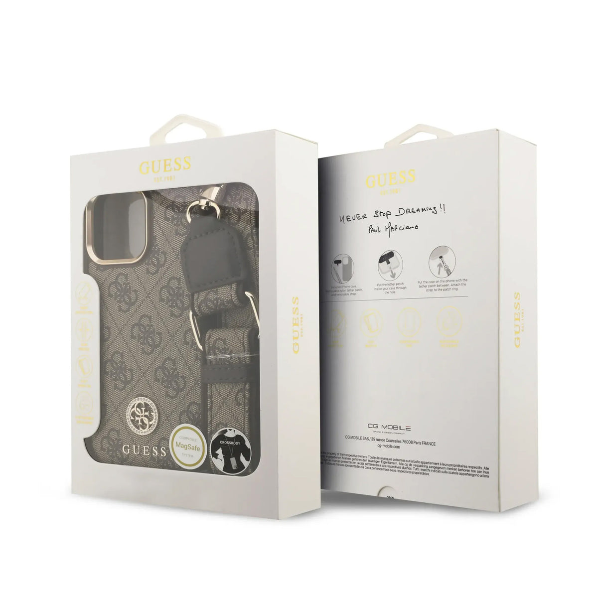 GUESS Case for iPhone 16 Pro Max - Brown MagSafe Case with Strass 4G Logo and Wide Strap, Elegant Design and Precise Fit