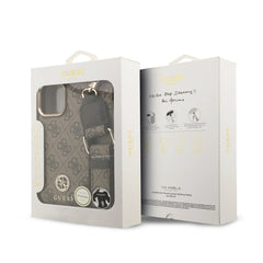 GUESS Funda Logo 4G Strass para iPhone 16 Pro Max con Correa Ancha, Compatible con MagSafe y Protección Anticaídas, Marrón