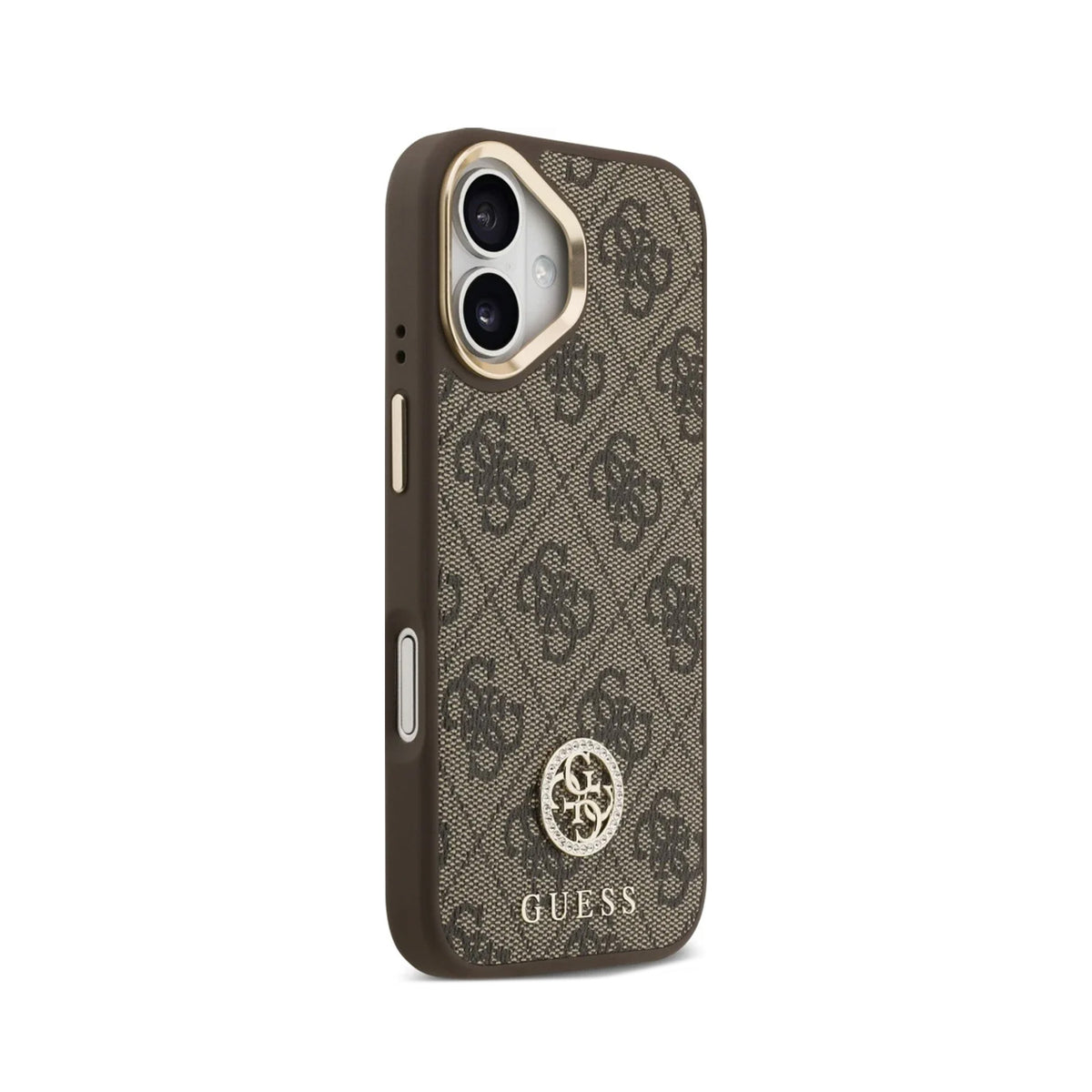 Guess Funda Efecto Piel Logo Strass para iPhone 17 con Correa Bandolera y Protección Anticaídas, Marrón