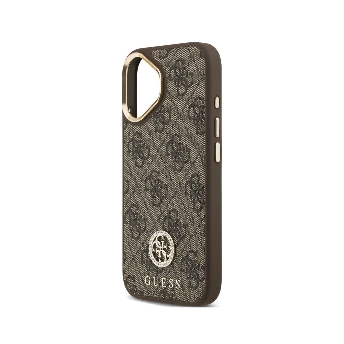 Guess Funda Efecto Piel Logo Strass para iPhone 17 con Correa Bandolera y Protección Anticaídas, Marrón