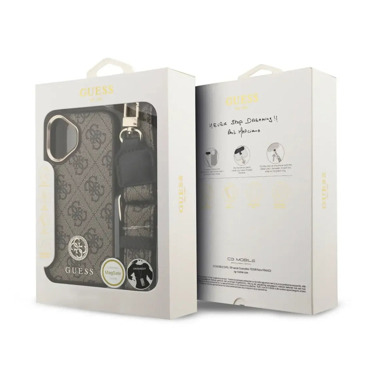 Guess Funda Efecto Piel Logo Strass para iPhone 17 con Correa Bandolera y Protección Anticaídas, Marrón