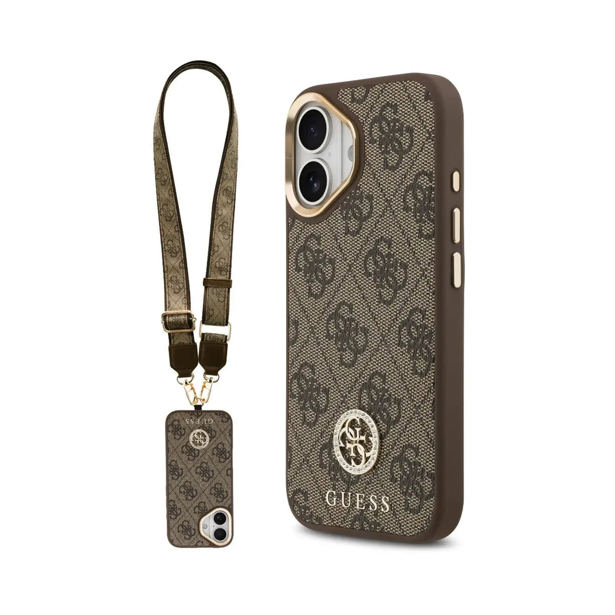 Guess Funda Efecto Piel Logo Strass para iPhone 17 con Correa Bandolera y Protección Anticaídas, Marrón