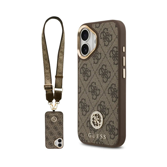 Guess Funda para iPhone 17 – Carcasa con Efecto Piel Marrón, Logotipo Strass y Correa Bandolera, Protección Anticaídas y Ajuste Preciso