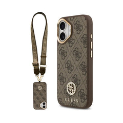 Guess Funda para iPhone 17 – Carcasa con Efecto Piel Marrón, Logotipo Strass y Correa Bandolera, Protección Anticaídas y Ajuste Preciso