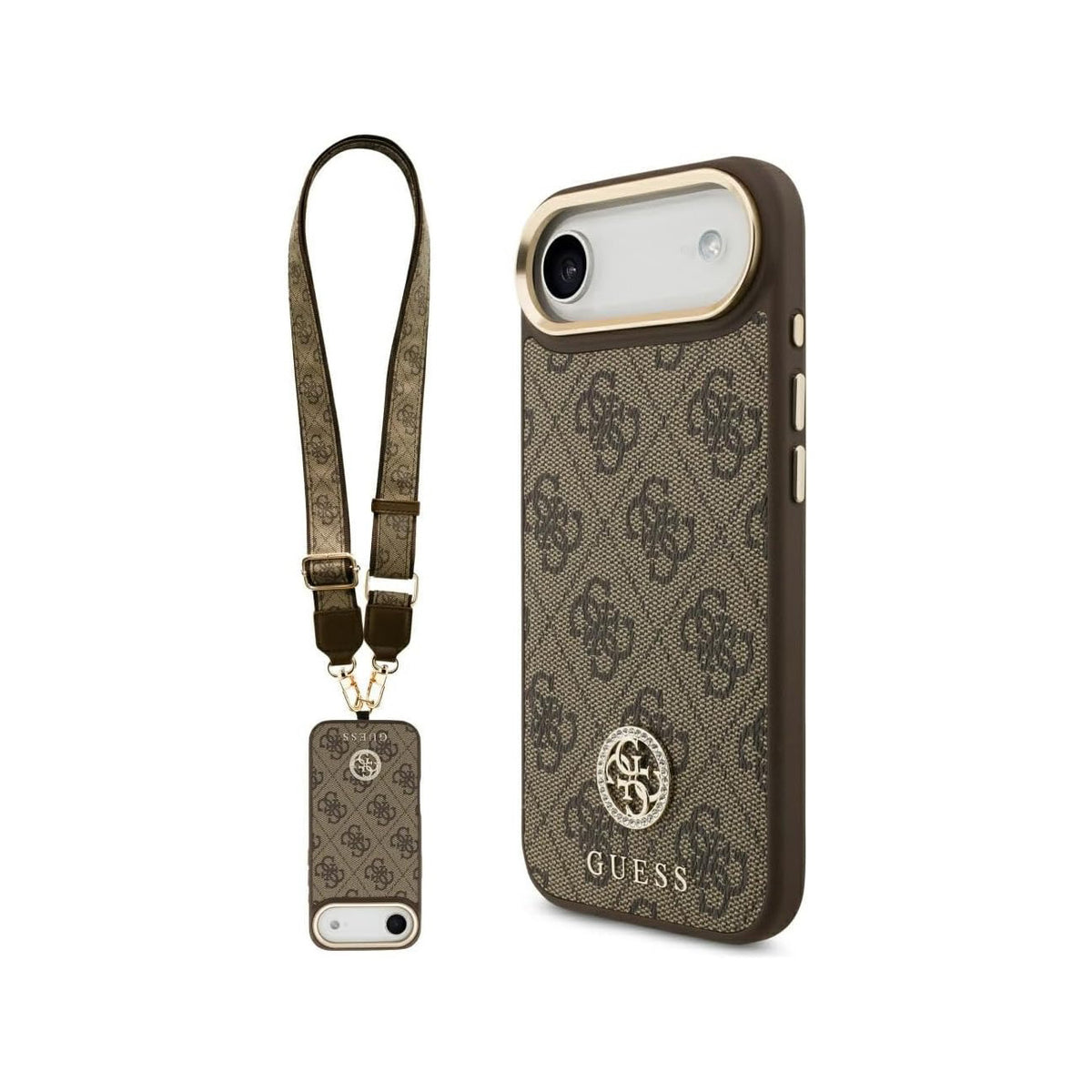 Guess Funda de Polipiel Logo Strass para iPhone Air con Correa Ancha y Protección Anticaídas, Marrón