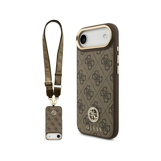 Guess Funda para iPhone Air – Carcasa de Polipiel Marrón con Logo Strass y Correa Ancha, Protección Anticaídas y Ajuste Preciso