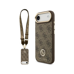 Guess Funda de Polipiel Logo Strass para iPhone Air con Correa Ancha y Protección Anticaídas, Marrón