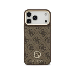 Guess Funda de Polipiel Logo Strass para iPhone 17 Pro Max con Correa Ancha y Protección Anticaídas, Marrón