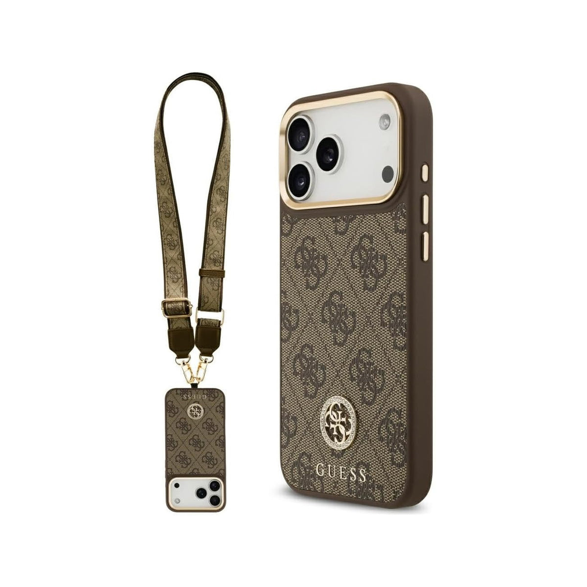 GUESS Funda de Polipiel con Logo Strass para iPhone 17 Pro/18 Pro con Correa Ancha, Marrón