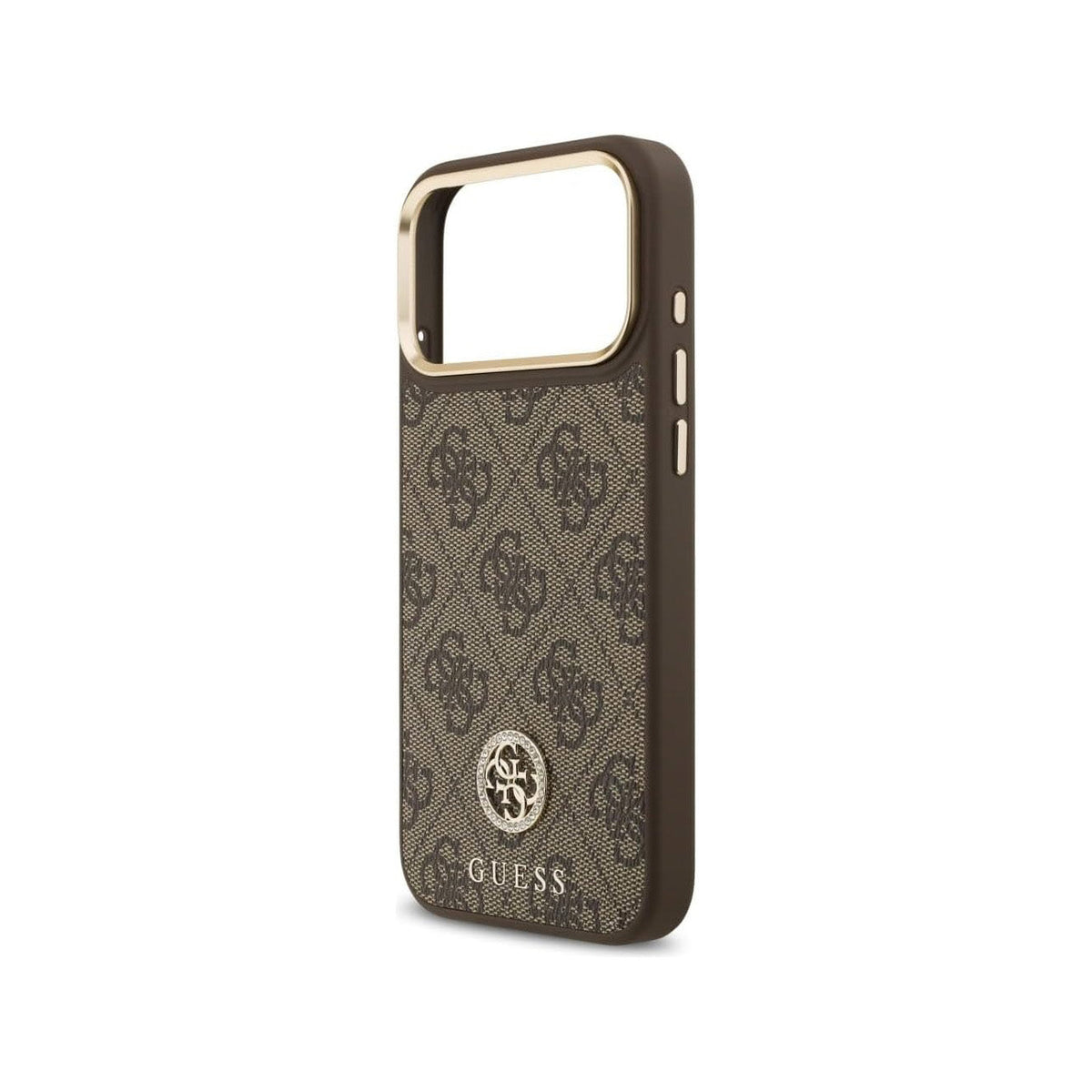 Guess Funda de Polipiel Logo Strass para iPhone 17 Pro Max/18 Pro Max con Correa Ancha y Protección Anticaídas, Marrón