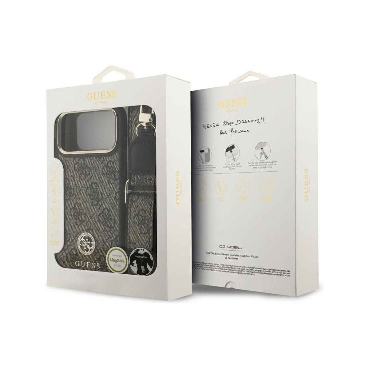 GUESS Funda de Polipiel con Logo Strass para iPhone 17 Pro/18 Pro con Correa Ancha, Marrón