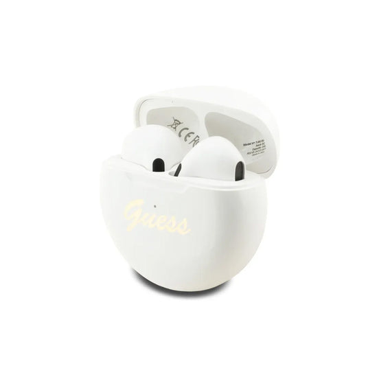 GUESS TWS Earbuds – White Wireless Round with Stamped Logo, Compact Design and Clear Sound
