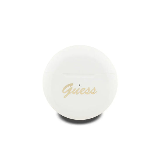 GUESS TWS Earbuds – White Wireless Round with Stamped Logo, Compact Design and Clear Sound