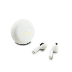 GUESS Auriculares TWS – Inalámbricos Blancos Redondos con Logo Estampado, Diseño Compacto y Sonido Claro