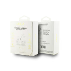GUESS Auriculares TWS – Inalámbricos Blancos Redondos con Logo Estampado, Diseño Compacto y Sonido Claro