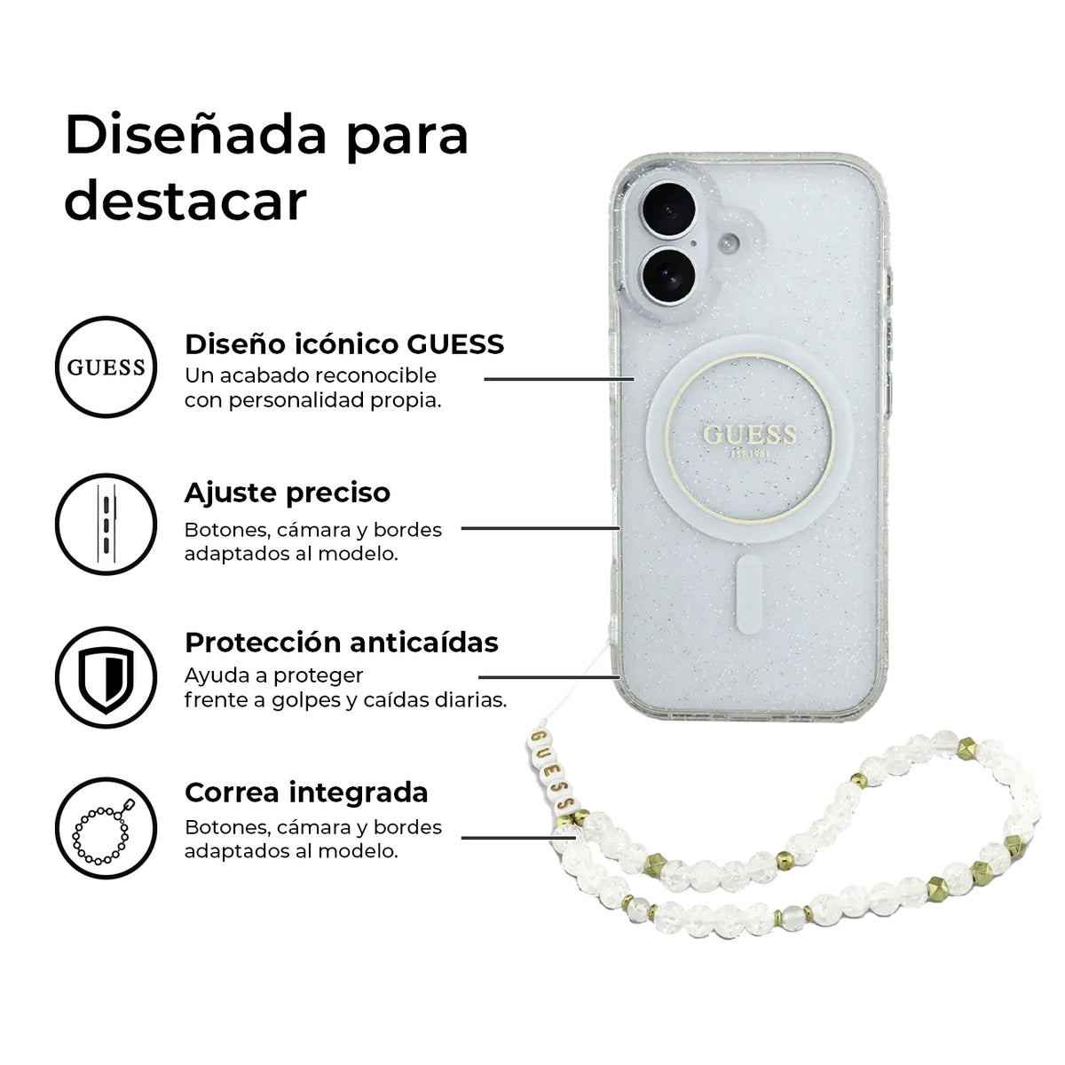 Guess Funda Brillante para iPhone 17 con Correa de Perlas, Compatible con MagSafe y Protección Anticaídas, Transparente