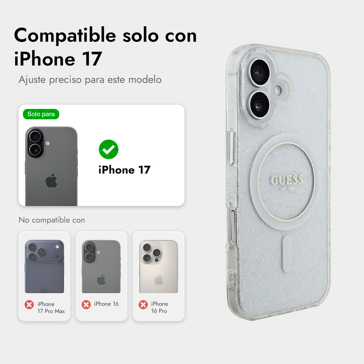 Guess Funda Brillante para iPhone 17 con Correa de Perlas, Compatible con MagSafe y Protección Anticaídas, Transparente