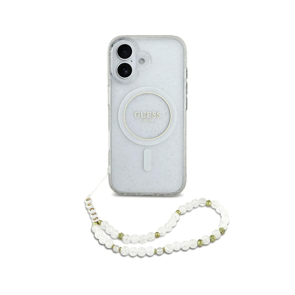 Guess Funda Brillante para iPhone 17 con Correa de Perlas, Compatible con MagSafe y Protección Anticaídas, Transparente