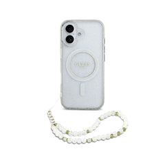 GUESS iPhone 17 Case - Clear MagSafe Case with Glitter and Pearl Strap, Stylish Design and Precise Fit