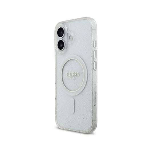 GUESS Funda para iPhone 17 – Carcasa Transparente con MagSafe con Brillo y Correa de Perlas, Diseño Elegante y Ajuste Preciso
