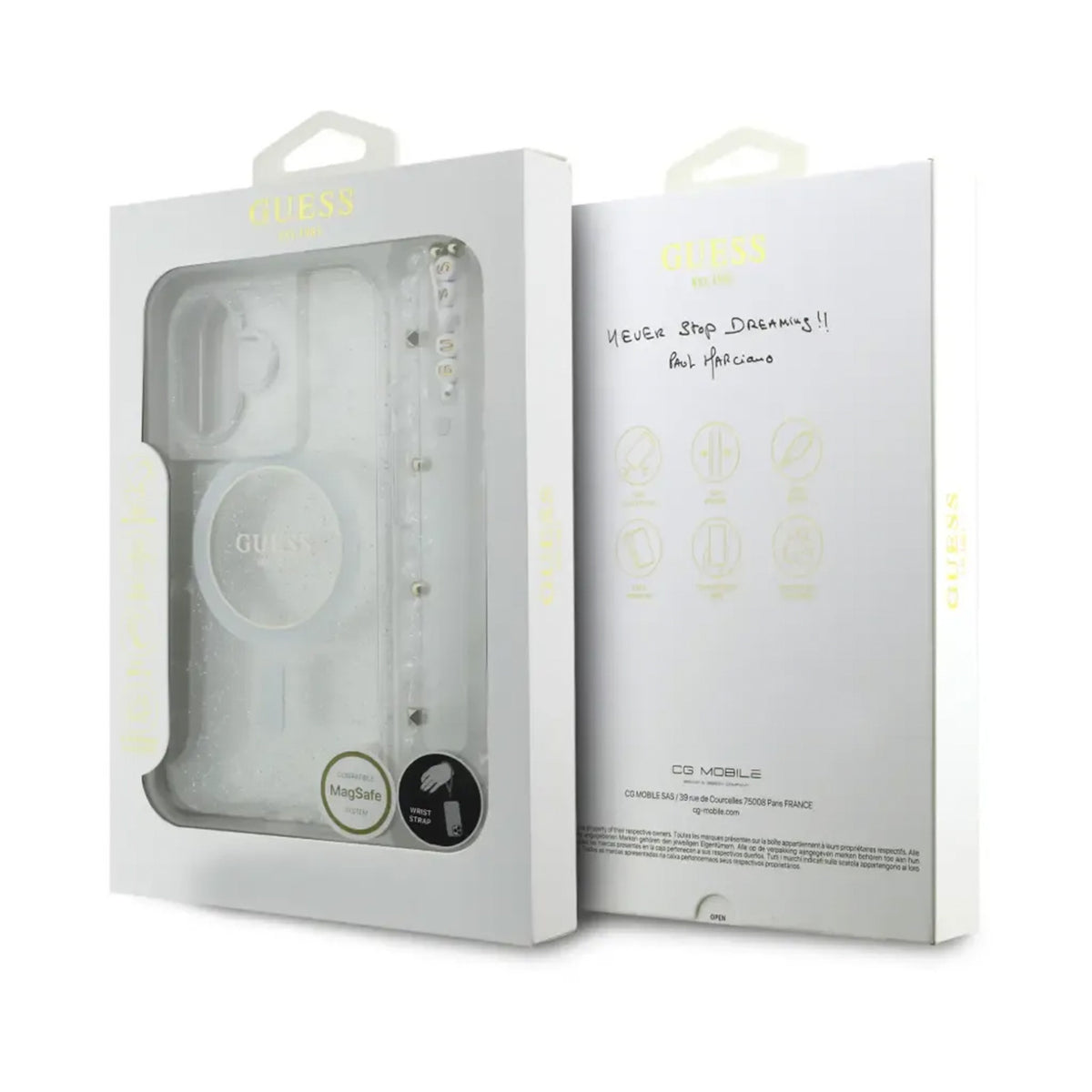 Guess Funda Brillante para iPhone 17 con Correa de Perlas, Compatible con MagSafe y Protección Anticaídas, Transparente