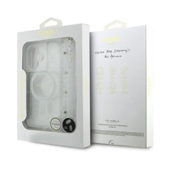 GUESS Funda para iPhone 17 – Carcasa Transparente con MagSafe con Brillo y Correa de Perlas, Diseño Elegante y Ajuste Preciso