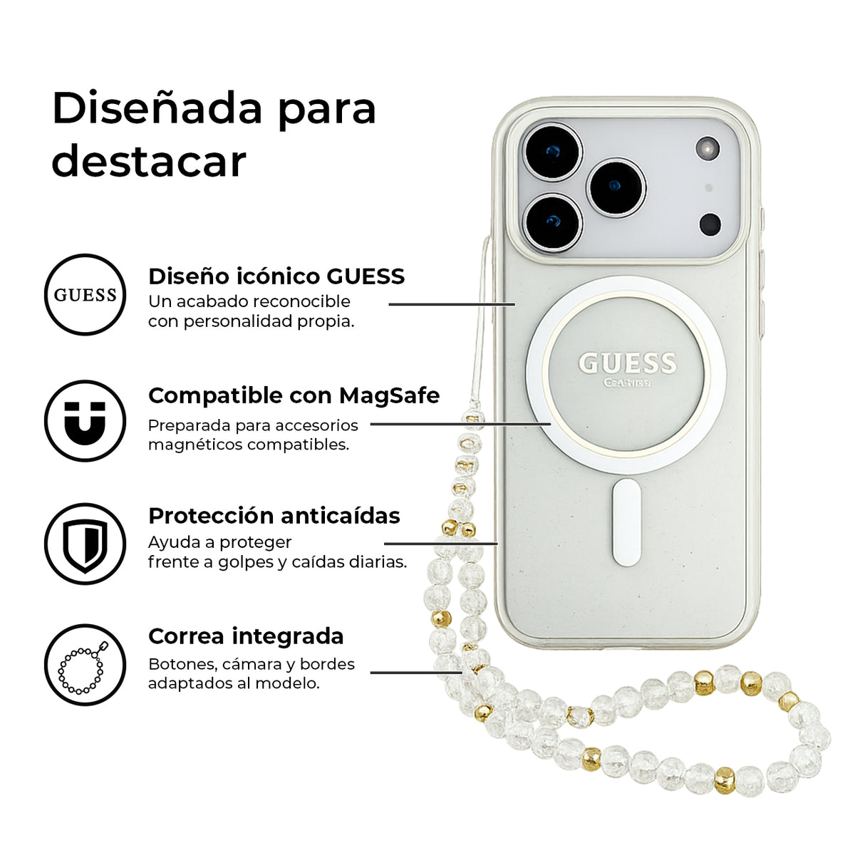 GUESS Funda Brillante para iPhone 17 Pro/18 Pro con Correa de Perlas Compatible con MagSafe, Transparente