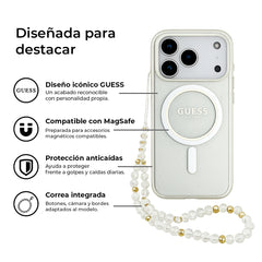 Guess Funda Brillante para iPhone 17 Pro con Correa de Perlas, Compatible con MagSafe y Protección Anticaídas, Transparente