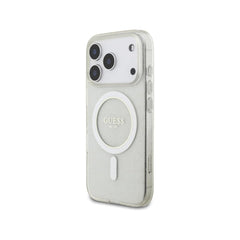 Guess Funda para iPhone 17 Pro – Carcasa Transparente Compatible con MagSafe con Brillo y Correa de Perlas, Protección Anticaídas y Ajuste Preciso