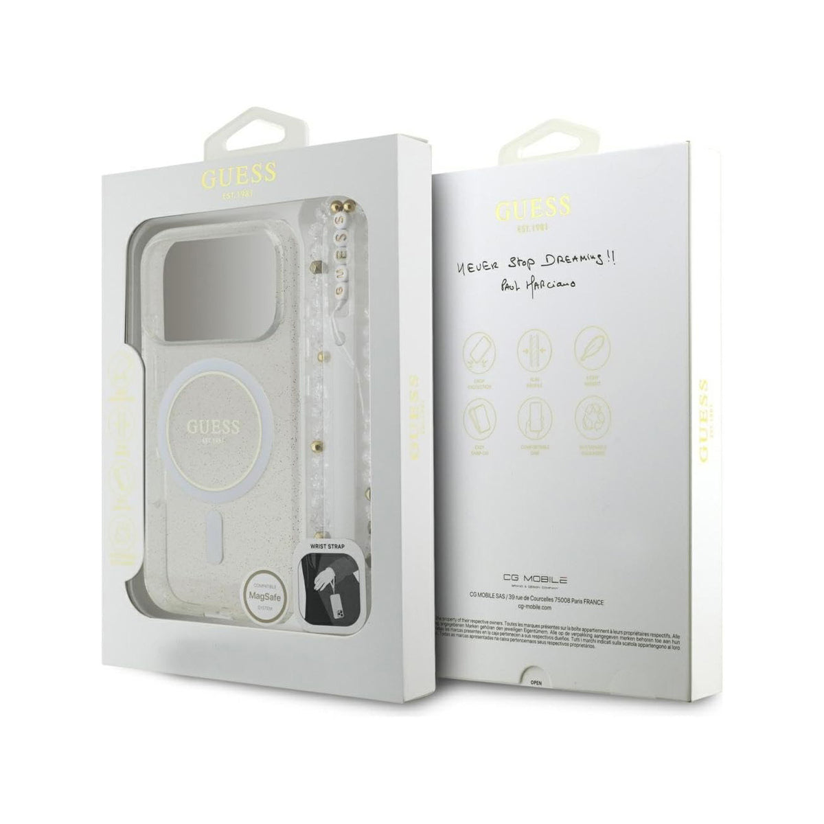 GUESS Funda Brillante para iPhone 17 Pro/18 Pro con Correa de Perlas Compatible con MagSafe, Transparente