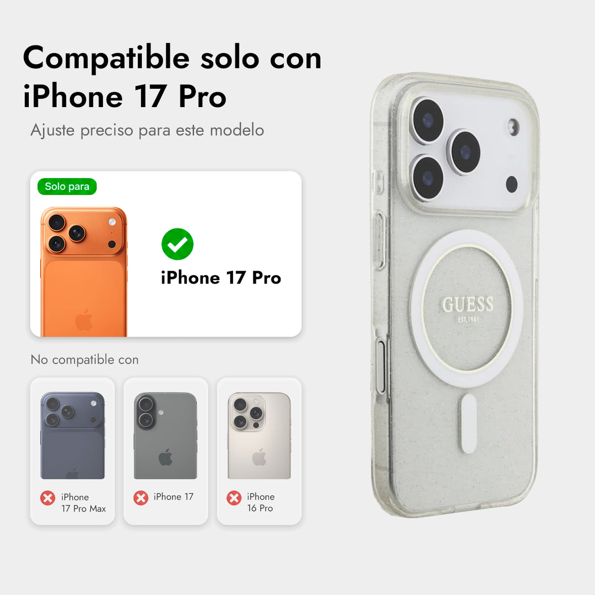 GUESS Funda Brillante para iPhone 17 Pro/18 Pro con Correa de Perlas Compatible con MagSafe, Transparente