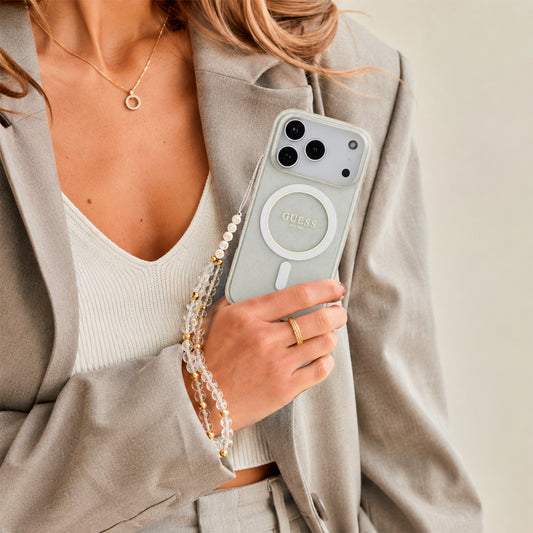 Guess Funda Brillante para iPhone 17 Pro Max con Correa de Perlas, Compatible con MagSafe y Protección Anticaídas, Transparente