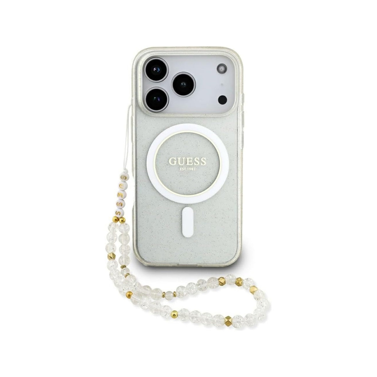 Guess Funda Brillante para iPhone 17 Pro Max/18 Pro Max con Correa de Perlas, Compatible con MagSafe y Protección Anticaídas, Transparente