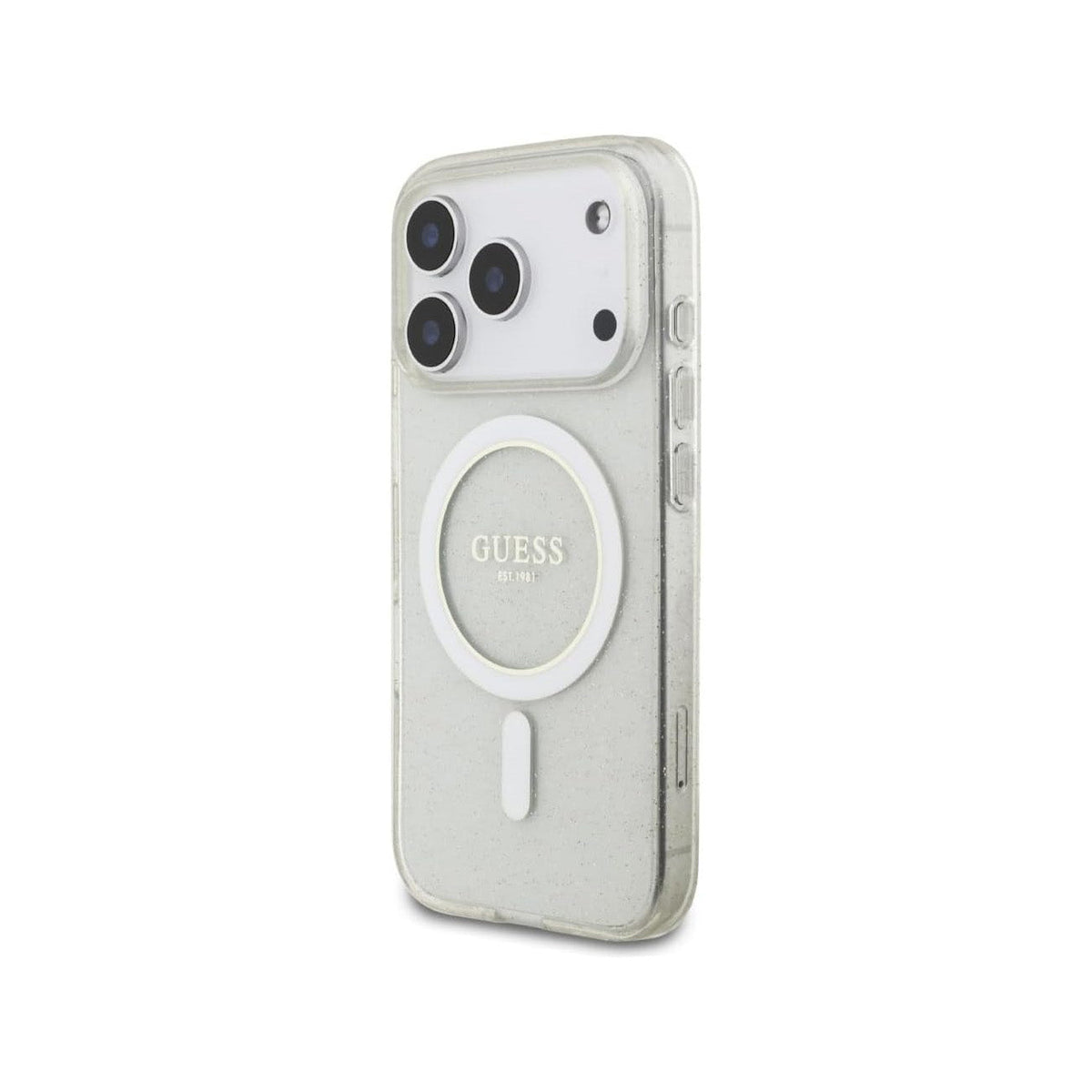 Guess Funda Brillante para iPhone 17 Pro Max/18 Pro Max con Correa de Perlas, Compatible con MagSafe y Protección Anticaídas, Transparente