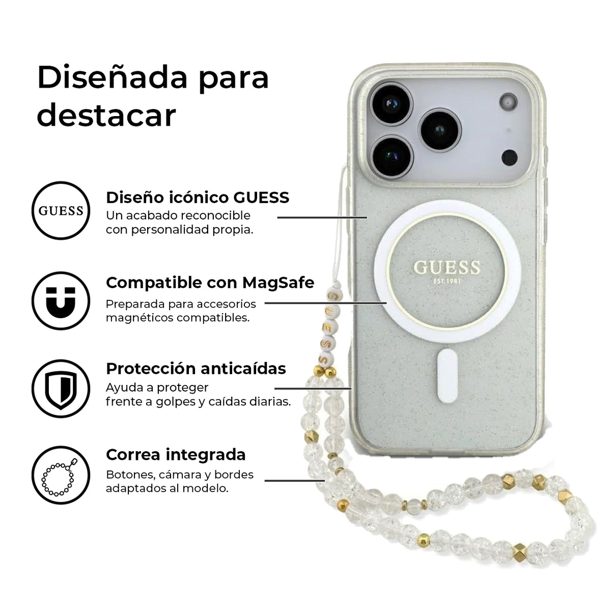 Guess Funda Brillante para iPhone 17 Pro Max/18 Pro Max con Correa de Perlas, Compatible con MagSafe y Protección Anticaídas, Transparente