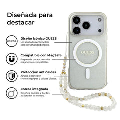 Guess Funda Brillante para iPhone 17 Pro Max con Correa de Perlas, Compatible con MagSafe y Protección Anticaídas, Transparente