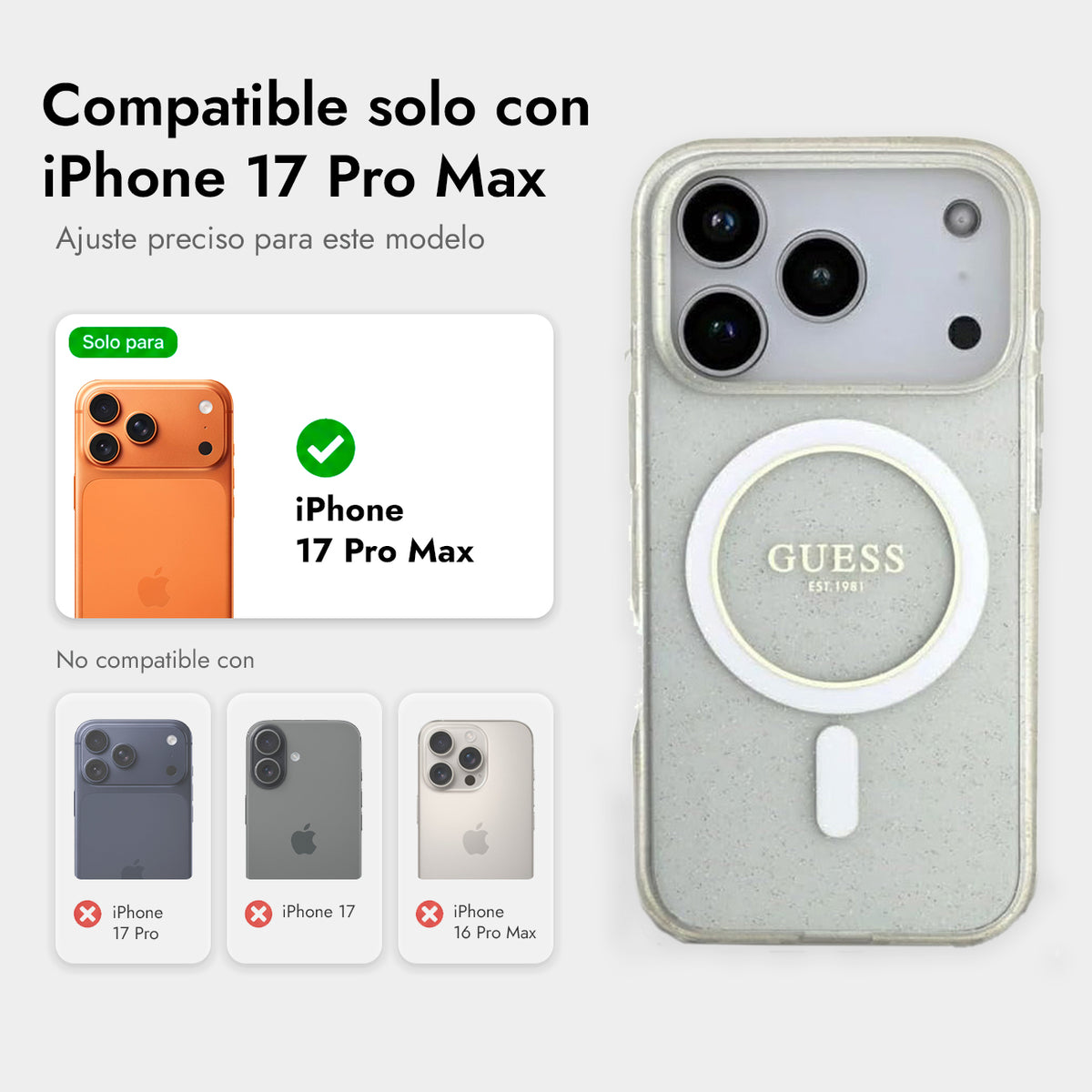Guess Funda Brillante para iPhone 17 Pro Max/18 Pro Max con Correa de Perlas, Compatible con MagSafe y Protección Anticaídas, Transparente