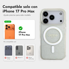 Guess Funda Brillante para iPhone 17 Pro Max con Correa de Perlas, Compatible con MagSafe y Protección Anticaídas, Transparente