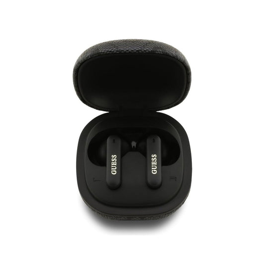 Guess Auriculares TWS Inalámbricos – Auriculares de Polipiel Negros con Cancelación de Ruido ENC y Logo Clásico Metalizado, Conexión Bluetooth Estable y Estuche de Carga