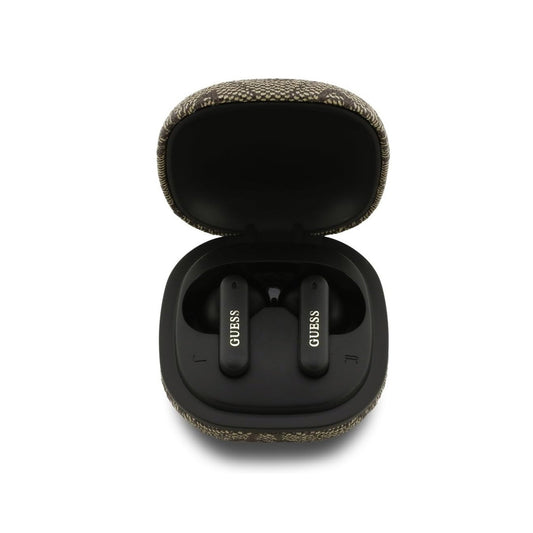 Guess Auriculares TWS Inalámbricos – Auriculares de Polipiel Marrón con Cancelación de Ruido ENC y Logo Clásico Metalizado, Conexión Bluetooth Estable y Estuche de Carga