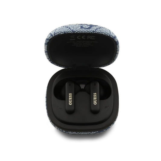Guess Auriculares TWS Inalámbricos – Auriculares de Polipiel Azul con Cancelación de Ruido ENC y Logo Clásico Metalizado, Conexión Bluetooth Estable y Estuche de Carga