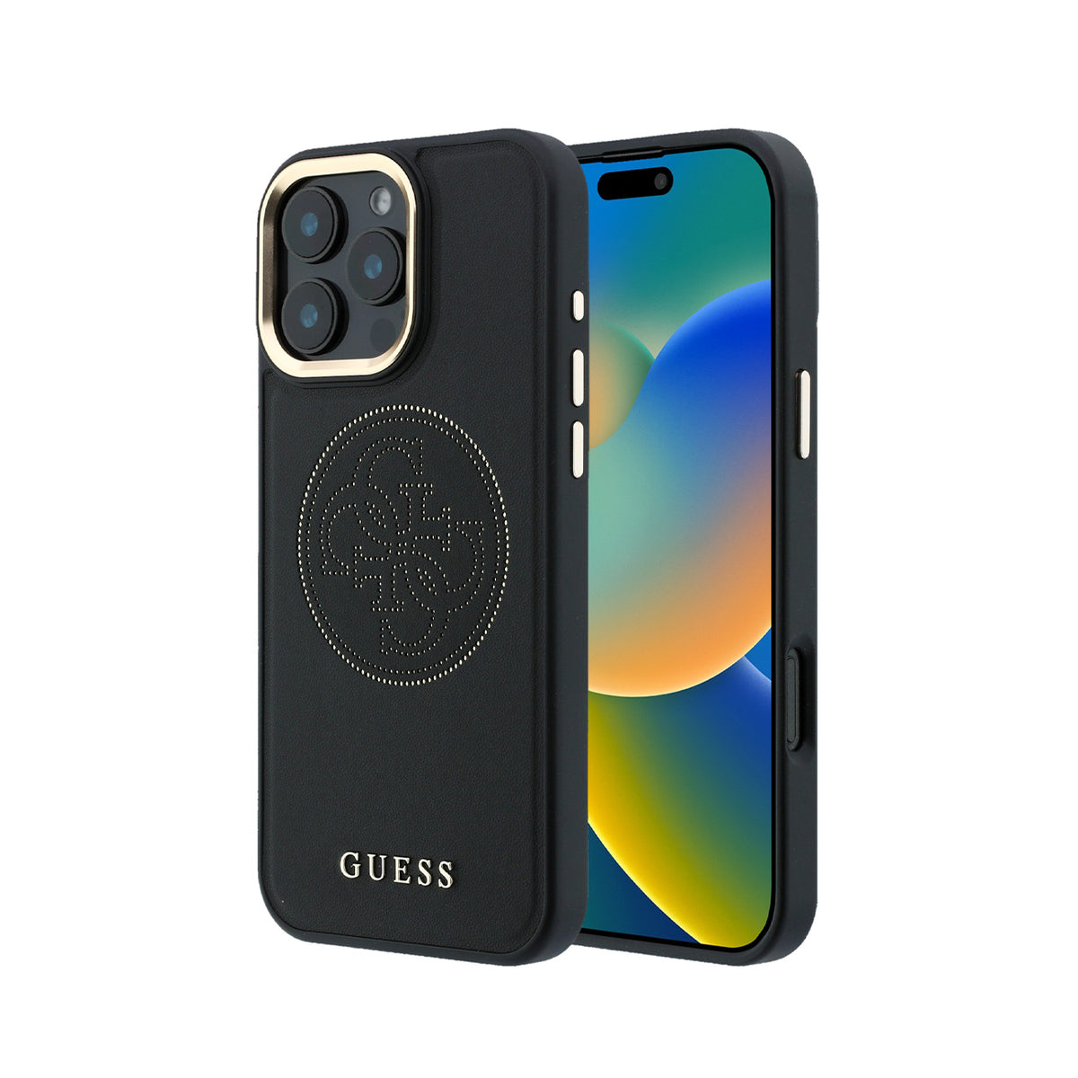 GUESS Funda Efecto Piel Logo Perforado para iPhone 16 Pro Max Compatible con MagSafe y Protección Anticaídas, Negra