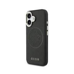 GUESS Funda Efecto Piel Logo Perforado para iPhone 17 Compatible con MagSafe y Protección Anticaídas, Negra