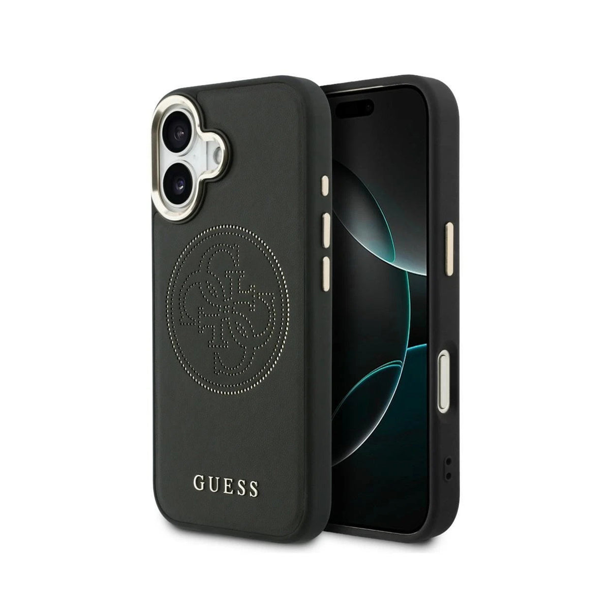 GUESS Funda Efecto Piel Logo Perforado para iPhone 17 Compatible con MagSafe y Protección Anticaídas, Negra