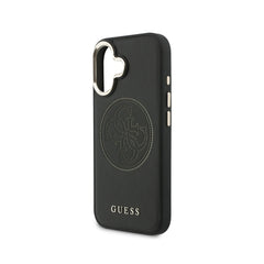 GUESS Funda Efecto Piel Logo Perforado para iPhone 17 Compatible con MagSafe y Protección Anticaídas, Negra