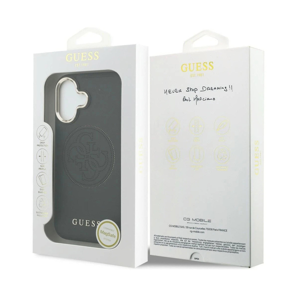 GUESS Funda Efecto Piel Logo Perforado para iPhone 17 Compatible con MagSafe y Protección Anticaídas, Negra